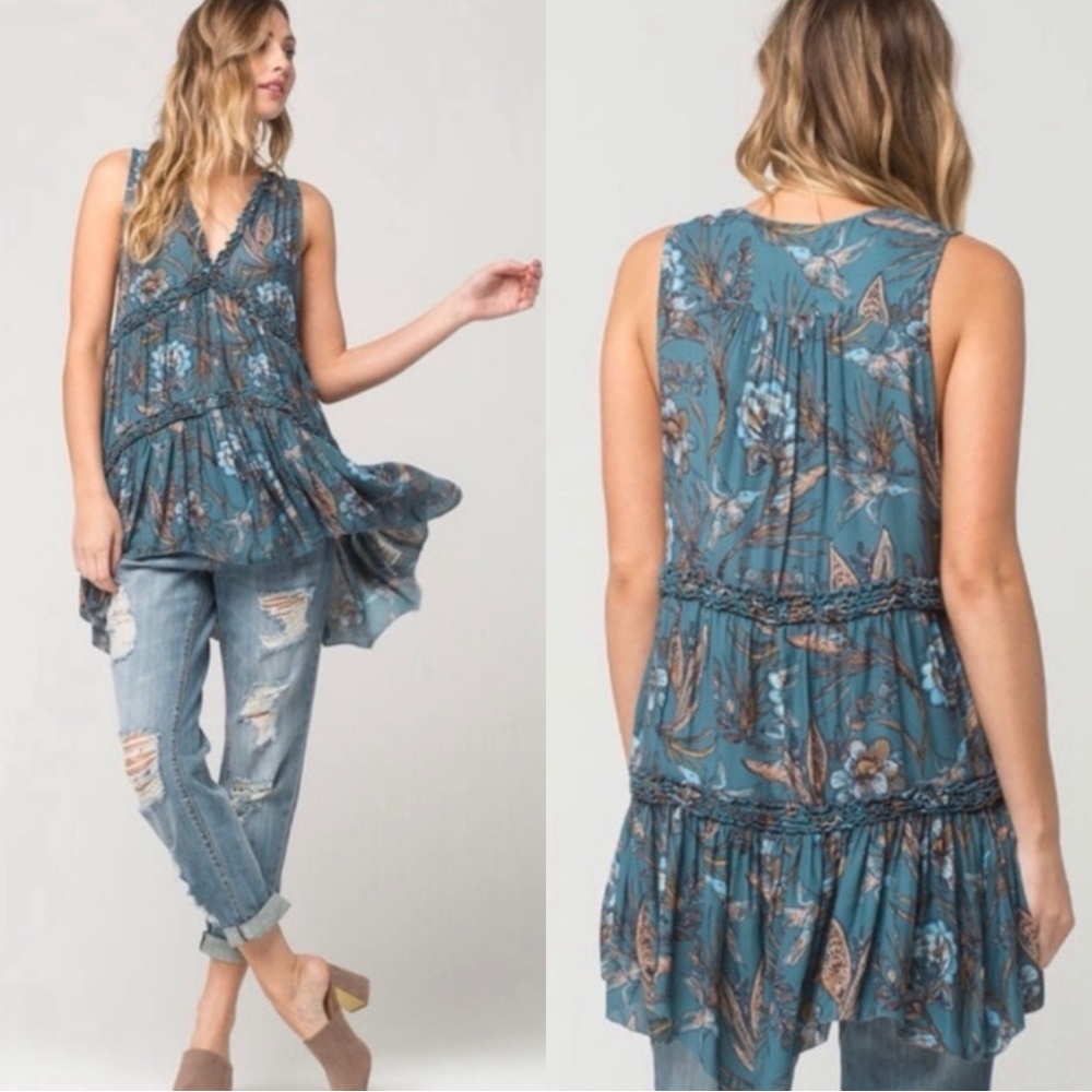 FREE PEOPLE Haze Hummingbird Sleeveless Tiered Hi Low Blue Tunic Top